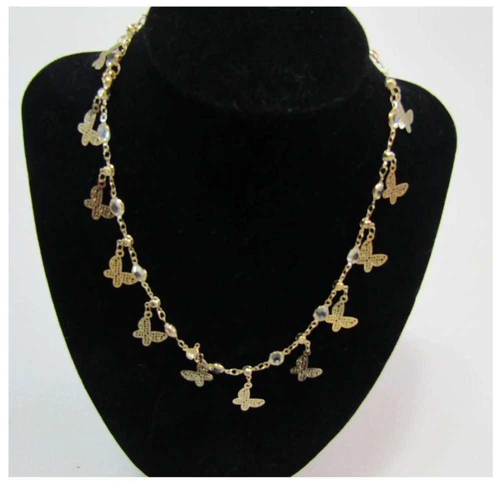 Gold Dangly Butterfly Pendant Rhinestone Alloy‎ Necklace Boho Chain